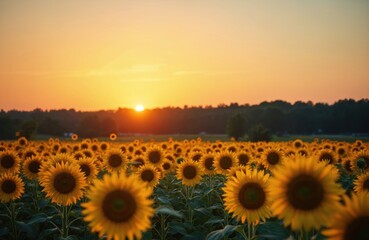 Fototapeta premium Vast sunflower field bathed in golden hour light. Sunflowers turn towards warm glow of sunrise sunset under clear, colorful sky. Gentle breeze rustles green leaves, creating peaceful summer nature