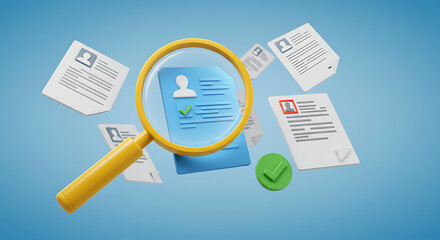 A magnifying glass focuses on a digital profile, surrounded by floating resumes and a green checkmark, symbolizing the hiring and selection process.