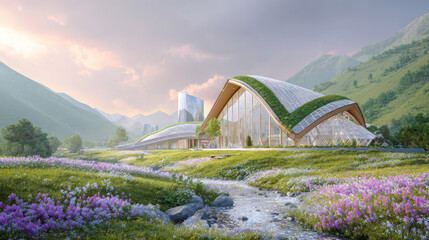 Buildings on a meadow with blooming flowers