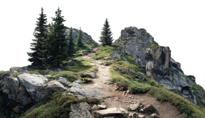 Mountain trail winding through rocks and pine trees, isolated on transparent cutout background
