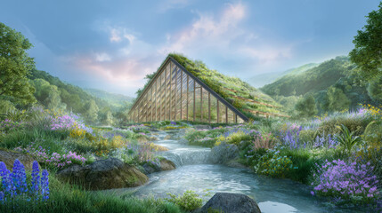 Glass building with green roof