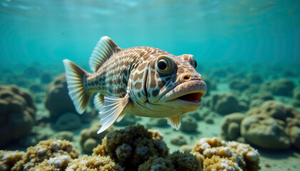 Fototapeta premium - Triggerfish over coral reef, underwater photography in turquoise water
