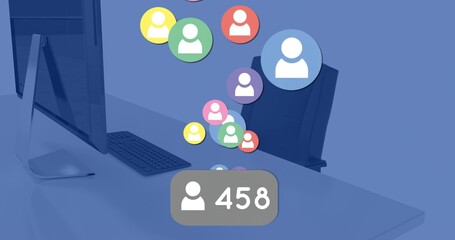 Displaying notification badge showing 458 user icons on office desk, with floating colored avatars