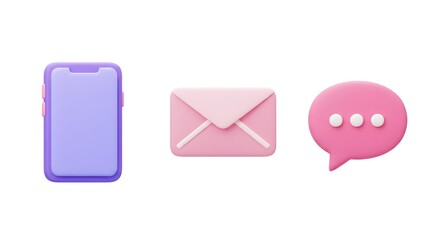 icon of a cell phone, a message box and an email with a white isolated background
