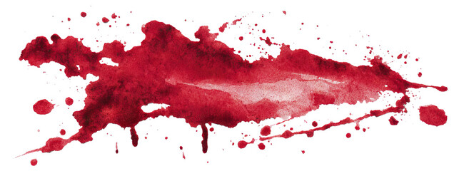 Red blood stain with splatter and drops, isolated on transparent cutout background