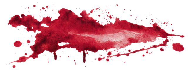 Red blood stain with splatter and drops, isolated on transparent cutout background