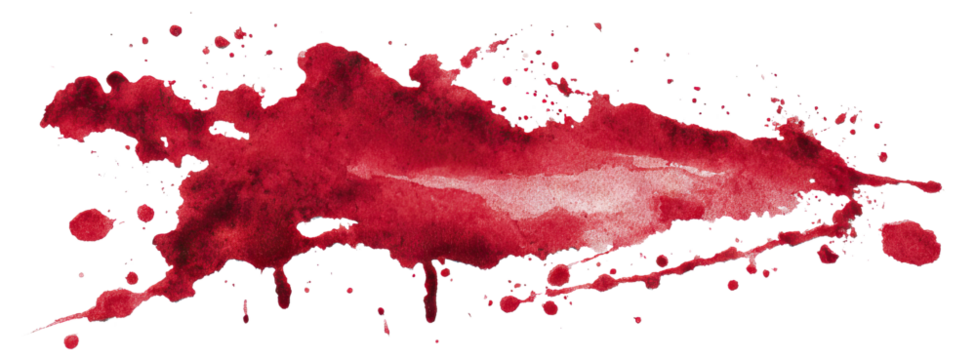 Red blood stain with splatter and drops, isolated on transparent cutout background