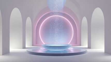 Glowing water droplets fall into the basin