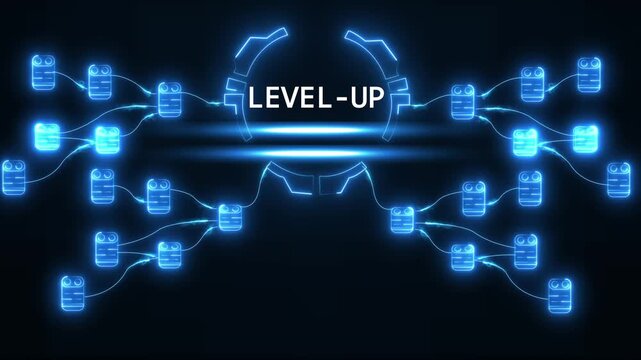 Futuristic neon network nodes connecting in a digital web with L E V E L U P text glowing central abstract technology concept