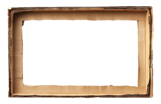 Corrugated cardboard frame with torn edges, isolated on transparent cutout background