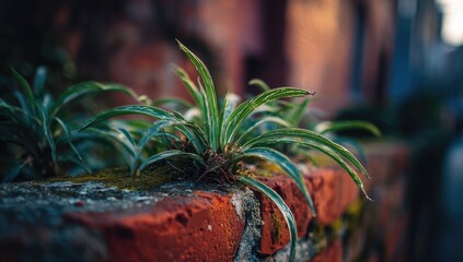 Close-up of greenery on a brick wall
