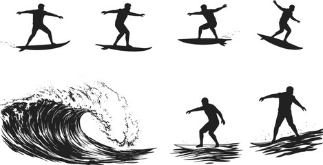 Surfer Silhouettes and Stylized Wave in Varied Action Poses on White Background for Sports, Ocean, and Design Content