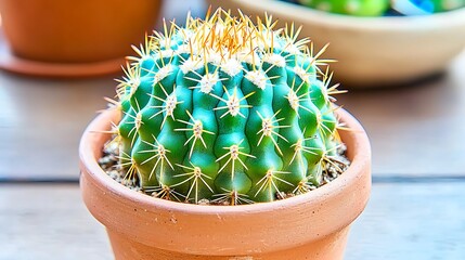 High-resolution tabletop cactus, 50mm macro perspective with precise focus on crown spines and smooth background separation