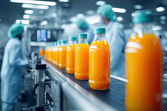 Orange juice bottles moving on a conveyor belt in a factory