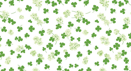 Charming pattern of green clover and white flowers on a clean background