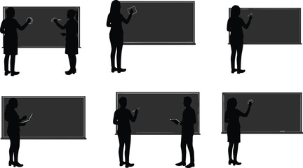 Teacher Silhouettes in Six Classroom Poses Featuring Blackboards, Gestures, and Teaching Tools for Educational and Design Content