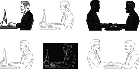 Tech Professional Illustrations in Varied Computer Interaction Poses and Styles on White Background for Business and Design Content