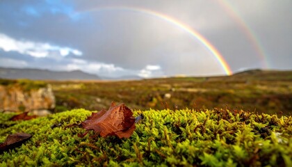 Double rainbow over mossy landscape with fallen leaf