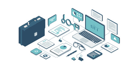 Isometric office workspace with laptop, briefcase, and documents for business analysis