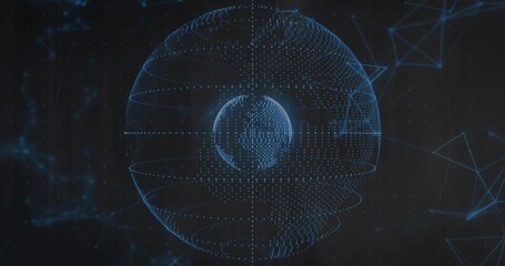 Showing double layered digital sphere floating in network space, linking nodes and mesh shapes