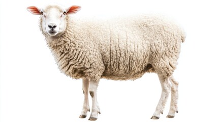 Fototapeta premium A white sheep with a thick, woolly coat, standing against a white background with a clear sky.