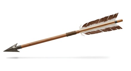 a wooden arrow with feathers and a metal tip with a white isolated background
