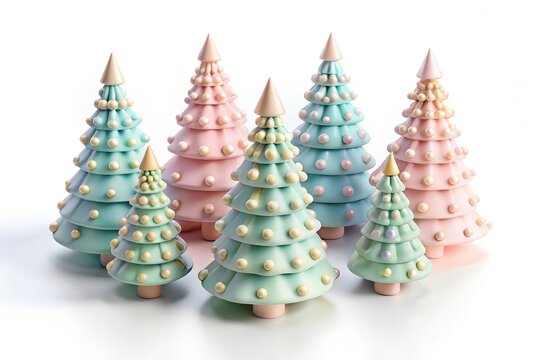 Assortment of pastel colored christmas trees made of meringue or fondant, isolated on white background