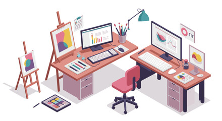 Modern isometric workspace with art supplies and tech equipment in creative studio