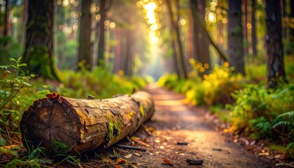 Obraz premium Fallen Log on Forest Path with Sunlight