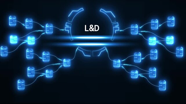 L& D Learning and Development Network Structure Digital Abstract Neon Blue Glowing Nodes Connected by Lines Futuristic Technology Concept Animation