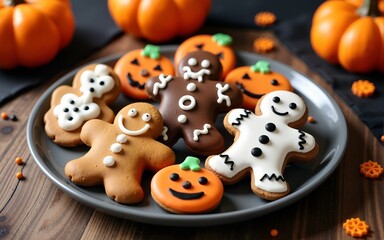 Halloween gingerbread cookies in plate on wooden table. High quality
