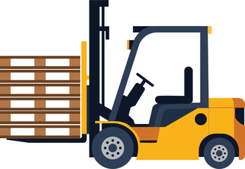 A yellow forklift is lifting a stack of wooden pallets, depicted in a flat vector illustration style.