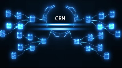 Futuristic C R M network system connecting data nodes with glowing blue lines on dark background digital technology concept - Powered by Adobe