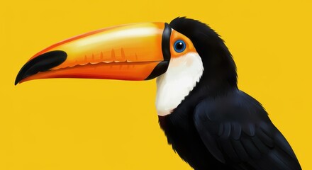 Obraz premium Vivid toucan portrait against a bold yellow background, showcasing vibrant orange beak and rich black plumage.