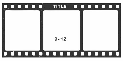 Vintage film strip with three blank frames and the word title and numbers nine to twelve