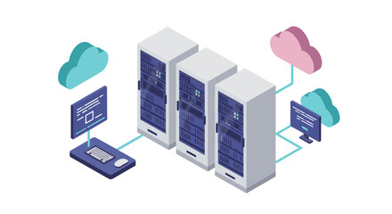 Fototapeta premium Isometric cloud computing network with server racks and connected devices