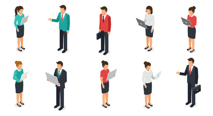 Business professionals in isometric style engaging in various office activities
