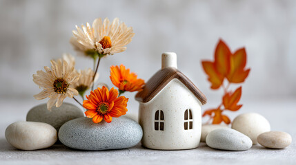 Still life photo of flowers and small house