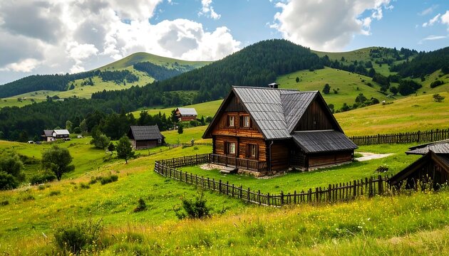 Rustic wooden chalet nestled in a lush mountain valley