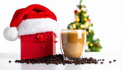 A festive Christmas scene featuring a Santa hat, a gift box, a cup of coffee, and a Christmas tree. The elements are arranged to create a warm, inviting, and cheerful atmosphere.