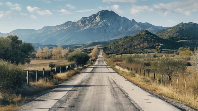 A long mountain road with mountains in the background, suitable for use as a travel or adventure image