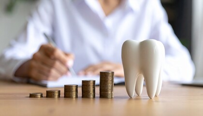 A dentist writing in a office with the tooth shape object and stack of coins to demonstrate dental healthcare finance