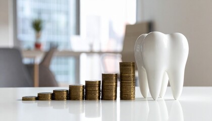 Tooth and stacks of coins symbolizing the growing costs of dentistry