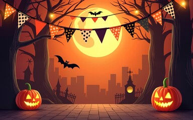 A set of halloween themed party decorations. Top down view with room for copy. Vector illustration. High quality