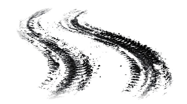 Curved black tire tracks on road, isolated on transparent cutout background
