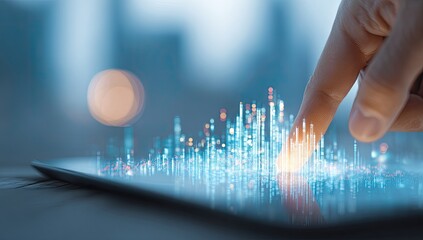 A hand interacts with a digital cityscape displayed on a tablet