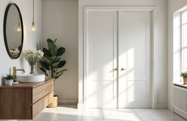 Fototapeta premium Modern bathroom features white walls, closed closet doors, wooden vanity with white sink. Natural light streams from large window, illuminating potted plant, vase of white flowers, creating serene,