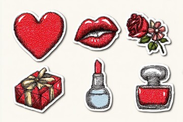 Collection of red love-themed embroidered stickers