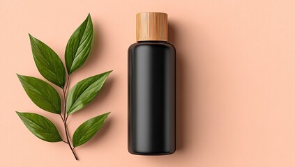 Flat lay of dark bottle and leaves