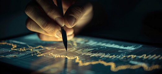 Close-up of a hand drawing on a digital tablet with financial charts